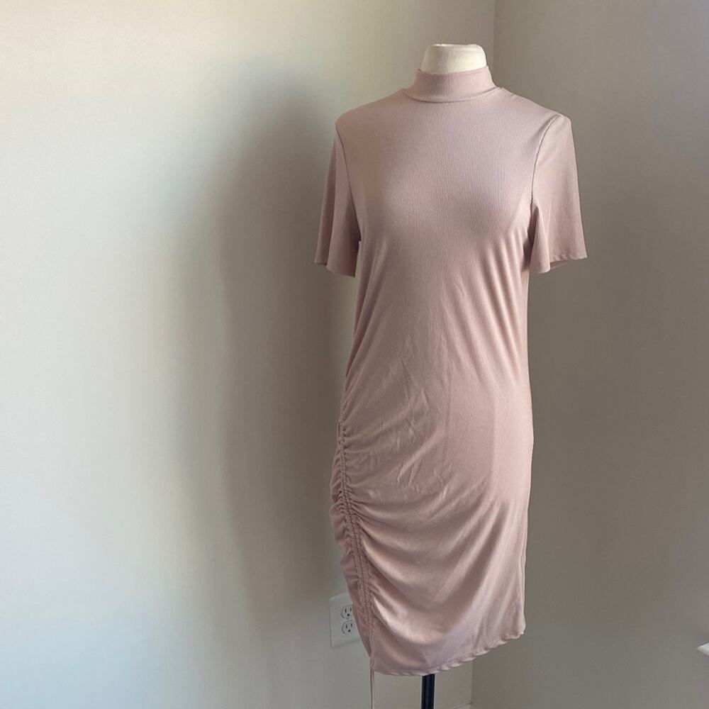 SHEIN Ruched Dress Womens Sz XL Pink Ribbed Mock Neck Stretch